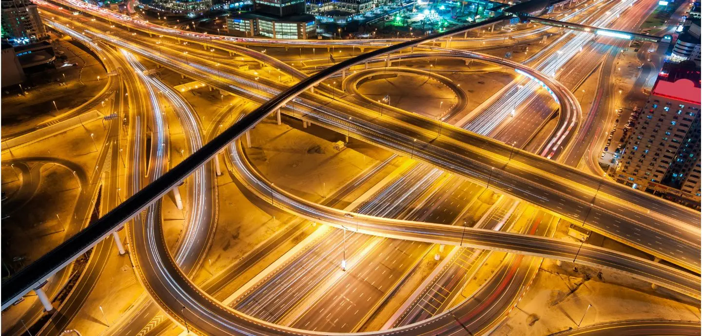 Aerial view of a busy intersection at night in Dubai, UAE